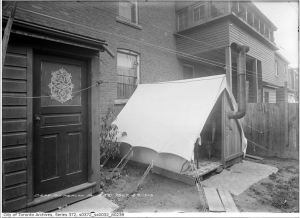 Exterior - tent and houses. Home care and isolation. Electric light and bells from the house. A sanitarium trained patient. Oct. 29, 1913